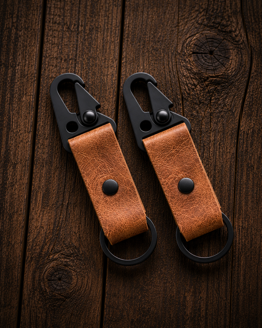 Handcrafted bison leather keychains with Matte Black hardware by Steak & Whiskey.