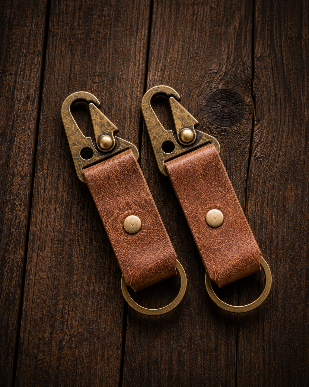 Handcrafted bison leather keychains with Vintage Bronze hardware by Steak & Whiskey.
