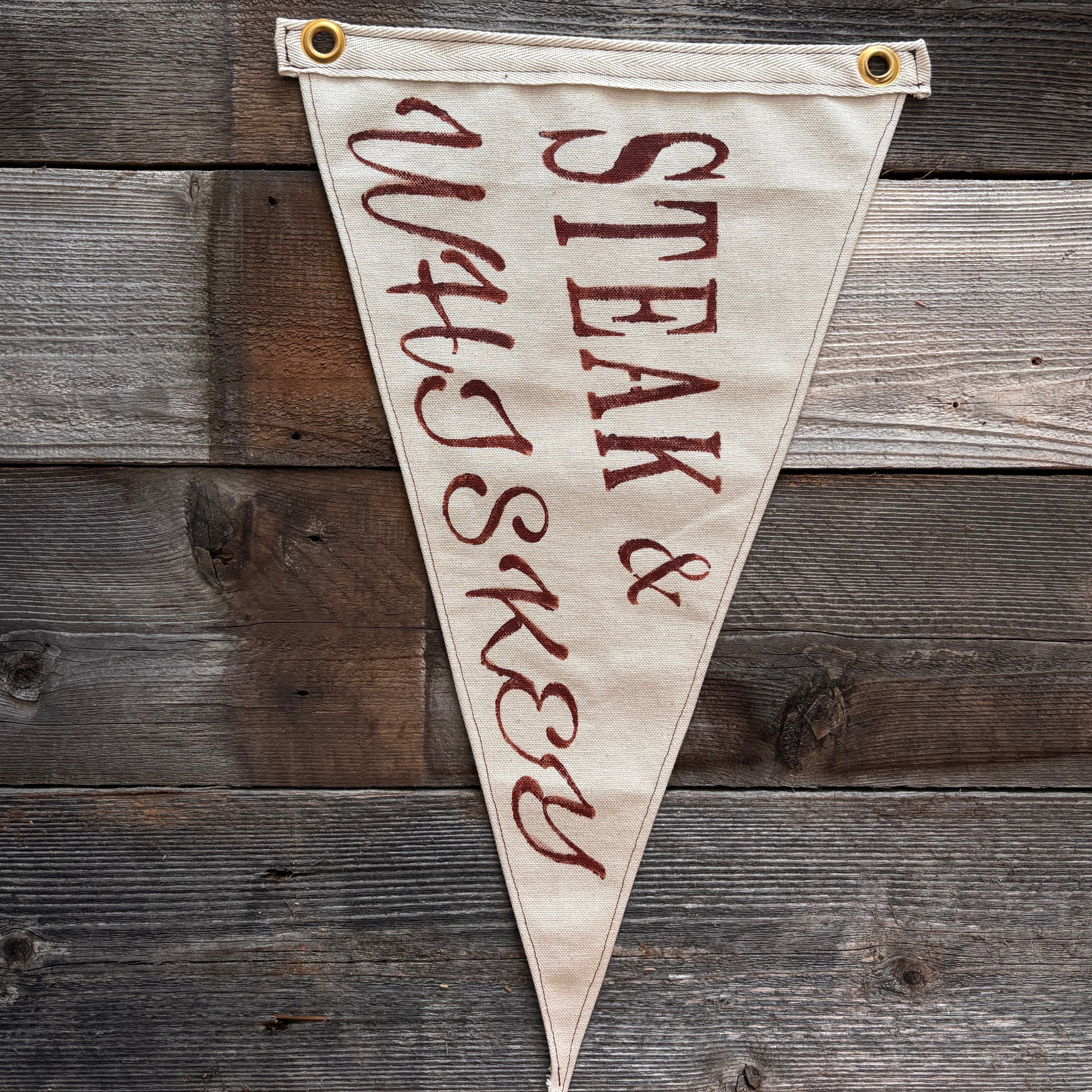 steak and whiskey canvas pennant handmade
vintage style canvas pennant wall decor
handmade garage wall pennant steak and whiskey
rustic canvas pennant handmade USA