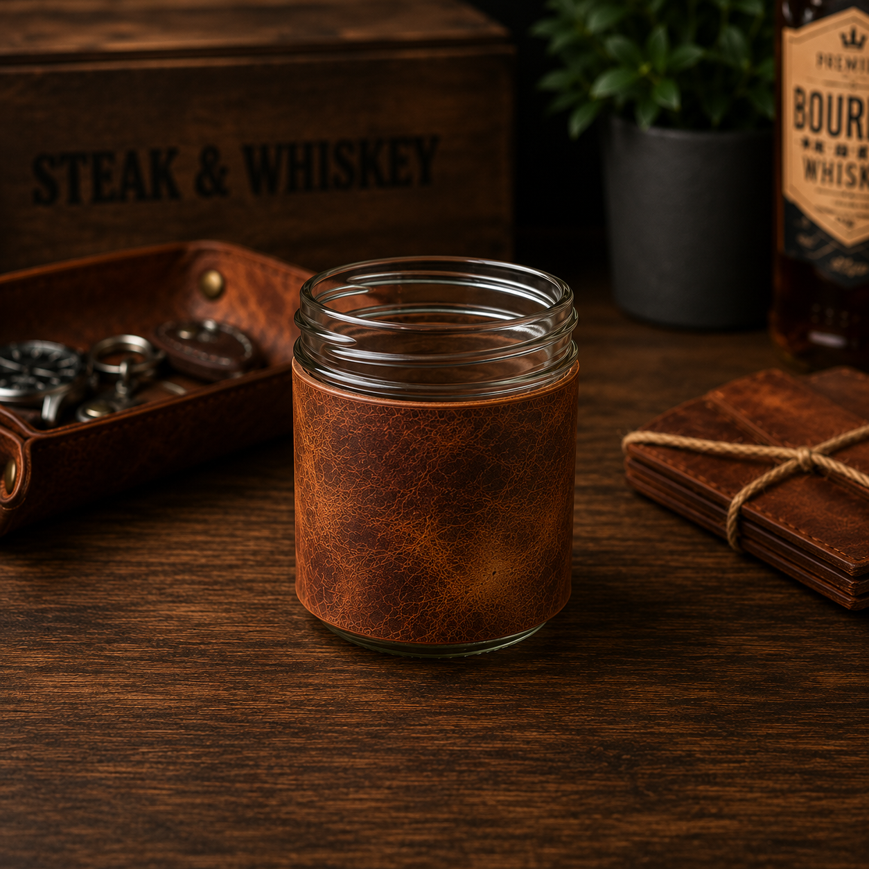 Hand-Stitched Bison Leather Mason Jar Whiskey Wrap Set of 2