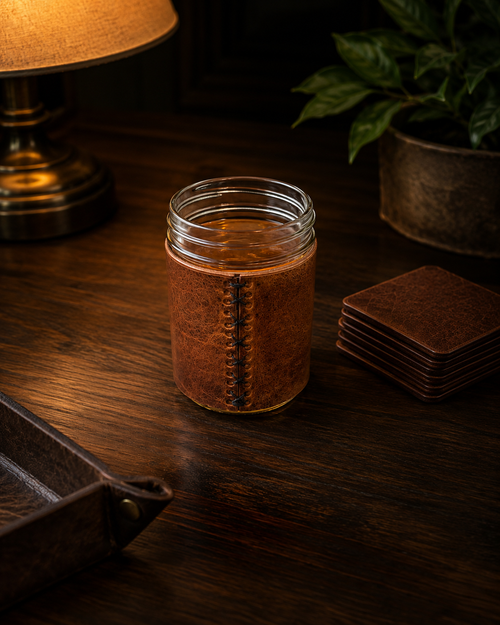 Hand-Stitched Bison Leather Mason Jar Whiskey Wrap Set of 2