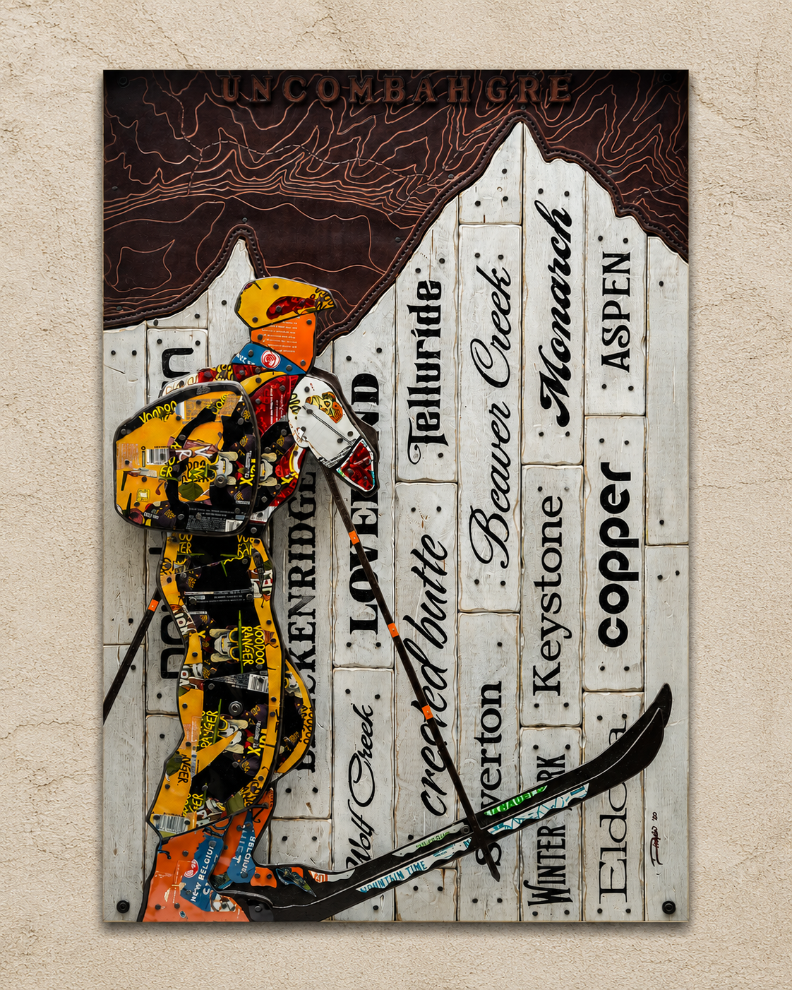 Steak & Whiskey Mountain Trails Colorado ski fine art print featuring vintage skier collage artwork