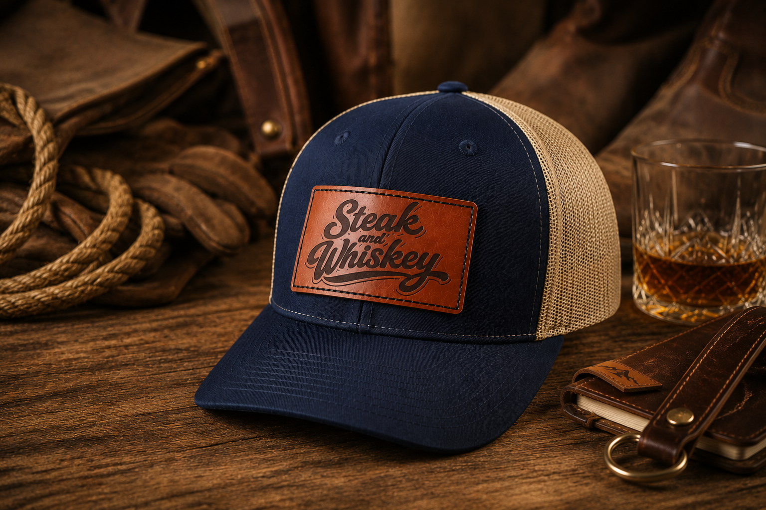 Steak & Whiskey Leather Patch Hat